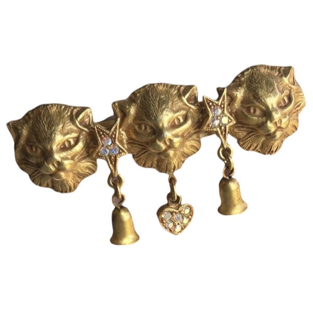 Vintage Kirks Folly Cat Barrette Gold Tone Made in France Rhinestone Heart Clip - Picture 4 of 5